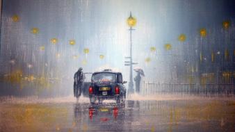 Paintings rain cars lamp posts jeff rowland wallpaper