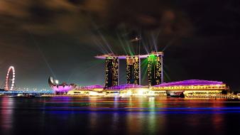 Sand cityscapes night lights singapore bay marina cities