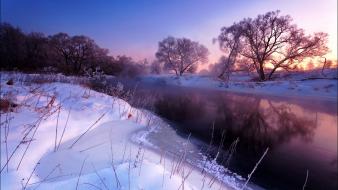 Water ice landscapes nature snow sun trees rivers