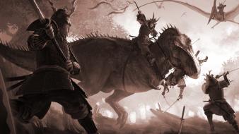 Dinosaurs samurai fantasy art battles warriors wallpaper