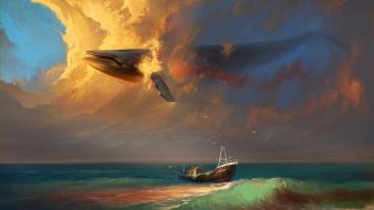 Ships fantasy art whales seagulls artwork sea wallpaper