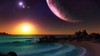 Sunset ocean beach stars planets moon surreal wallpaper