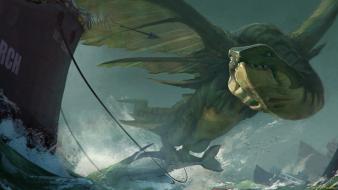 Water fantasy wings dragons monsters ships art harpoon wallpaper