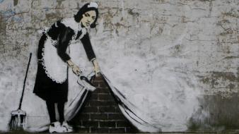 Banksy brooms bricks cleaning maid costumes art wallpaper