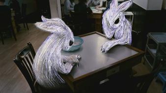 Bunnies animals surrealism tables surreal restaurant art wallpaper
