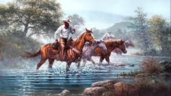 Cowboys horses artwork wallpaper