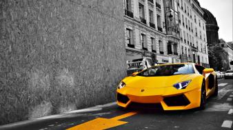 Black and white cars lamborghini roads aventador yellow wallpaper