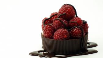 Fruits chocolate food raspberries simple background white wallpaper