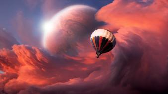 Planets journey sunlight hot air balloons skies wallpaper