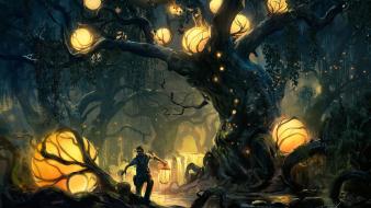 Trees lights forest fantasy art wallpaper