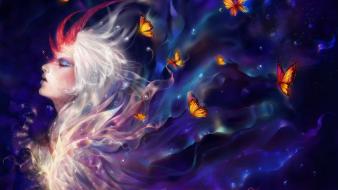 Art artwork closed eyes white hair butterflies wallpaper