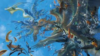 Dragons birds animals skies wallpaper