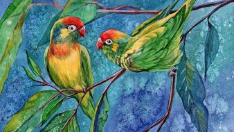 Paintings nature birds leaves parrots artwork watercolor branches wallpaper