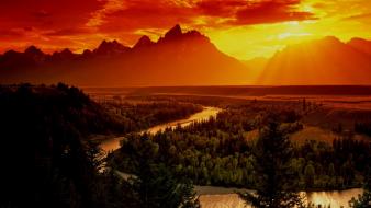 Sunset mountains nature forests valleys rivers wallpaper