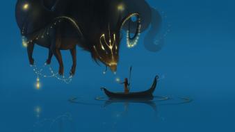 Fantasy art boats ripples creatures lakes reflections wallpaper