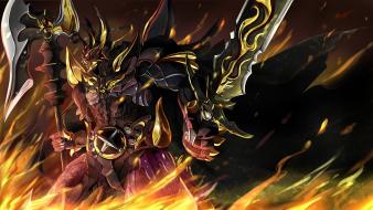 Flames fire demons horns weapons axes teeth swords wallpaper