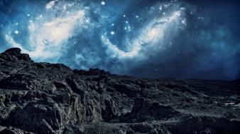 Mountains outer space night stars galaxies skies wallpaper