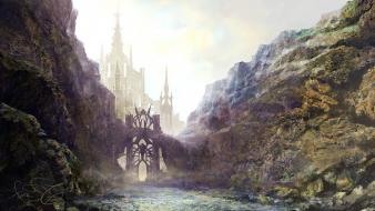 Water mountains castles fantasy art gate wallpaper