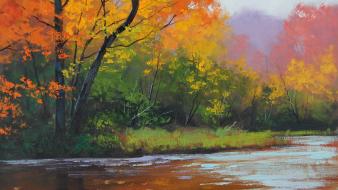 Paintings landscapes trees autumn (season) artwork lakes wallpaper