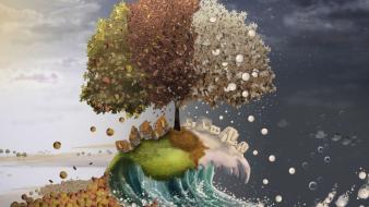Fantasy trees design seasons surreal art wallpaper