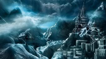 Mountains clouds castles fantasy art town wallpaper