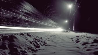 Snow night lights wind winter roads wallpaper
