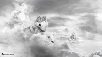 Clouds castles moon yellow eyes artwork desktopography wolves