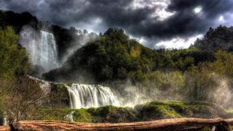 Clouds landscapes nature wood falls gloomy protection sky wallpaper