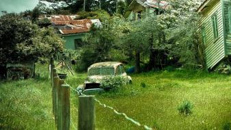 Landscapes trees forest vintage cars abandoned farm