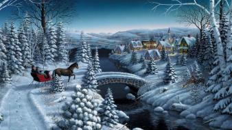 Paintings winter snow town artwork wallpaper