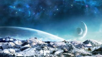 Snow outer space stars planets rise sci-fi wallpaper