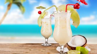 Tropical limes cocktail straws coconut drinks umbrellas wallpaper