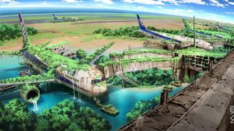 Water aircraft tokyo trees ruins post-apocalyptic artwork wallpaper