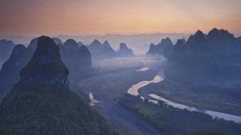 Water sunset mountains landscapes nature valleys fog mist wallpaper