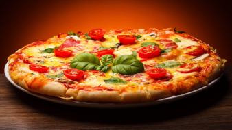 Food pizza basil tomato wallpaper