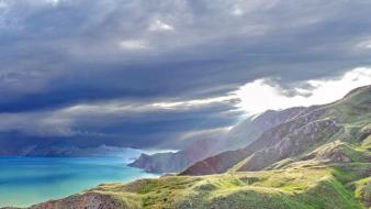 Ocean clouds landscapes nature hills emerald bay wallpaper