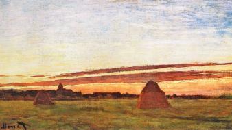 Paintings fields claude monet haystack impressionism wallpaper