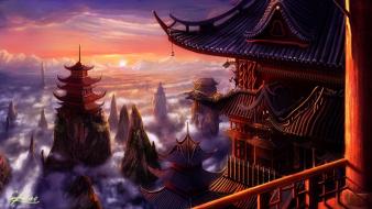 Mountains clouds houses chinese fantasy art artwork wallpaper