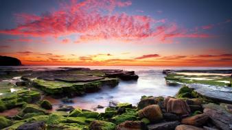 Sunset clouds landscapes nature sun rocks skies sea wallpaper