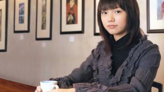 Aoi miyazaki bangs black hair tea cup wallpaper