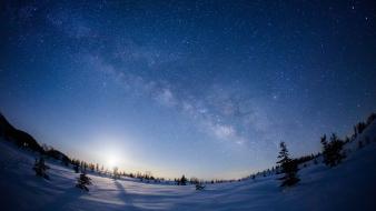 Nature trees milky way snow landscapes night sky wallpaper