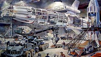 Science fiction artwork retrofuture hangar klaus burgle wallpaper