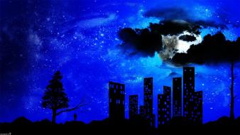 Clouds night artistic stars moon buildings skies nights wallpaper