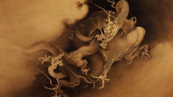 Dragons sepia digital art ocher ochre wallpaper