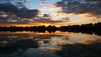 Water sunset clouds trees lakes skies wallpaper