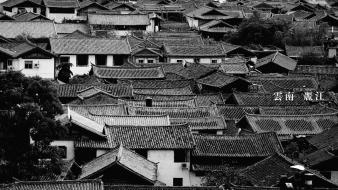 Black and white landscapes houses oriental roofs townscape