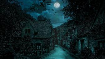 Creepy dark night artistic moon houses artwork bats wallpaper