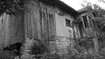 Gray old house three doors windows home