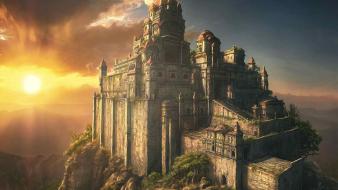 Sun castles rocks fantasy art cities wallpaper