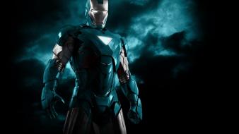 Blue iron man robots superheroes armor black background